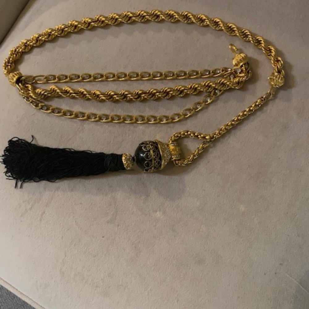 Gold-Tone Chain Tassel Belt/ Necklace with Black Tassel